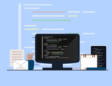 Programlama ve kavramı, Web sitesi geliştirme, Web Tasarım kodlama. Düz illüstrasyon