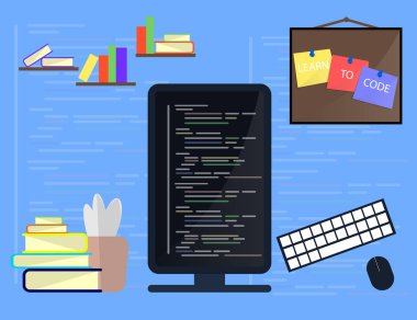 Programlama ve kavramı, Web sitesi geliştirme, Web Tasarım kodlama öğrenme. Düz illüstrasyon