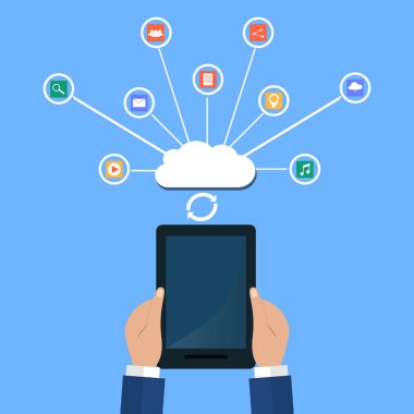 Modern bulut hizmetleri ve Cloud Computing öğeleri kavramı. Aygıtları bulut Gears ile bağlı. Düz illüstrasyon.