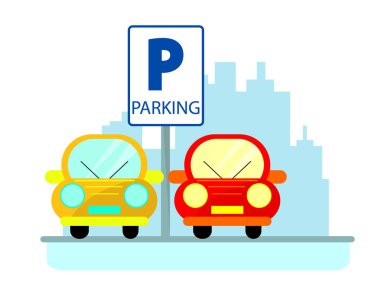 Kavramı kırmızı araba ile şehir silueti üzerinde düz stil otopark. Düz illüstrasyon