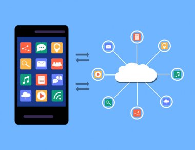 Modern bulut hizmetleri ve Cloud Computing öğeleri kavramı. Aygıtları bulut Gears ile bağlı. Düz illüstrasyon.