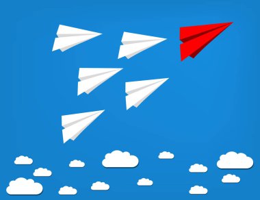 Beyaz olanlar kırmızı kağıt uçak dışarı. Liderlik, kazanan kavram. Düz illüstrasyon