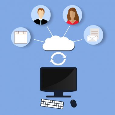 Modern bulut hizmetleri ve Cloud Computing öğeleri kavramı. Aygıtları bulut Gears ile bağlı. Düz illüstrasyon.