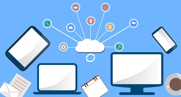 Services cloud modernes et Cloud Computing Elements Concept. Appareils connectés au cloud avec Gears. Illustration plate . — Image vectorielle