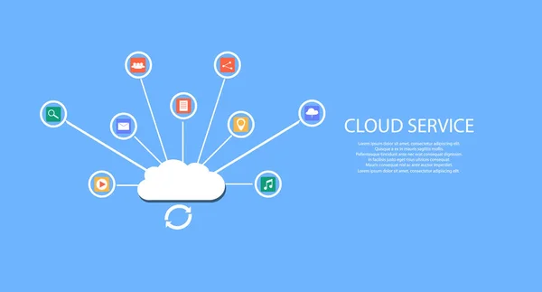 Moderni servizi cloud e Cloud Computing Elements Concept. Dispositivi connessi al cloud con Gears. Illustrazione piatta . — Vettoriale Stock