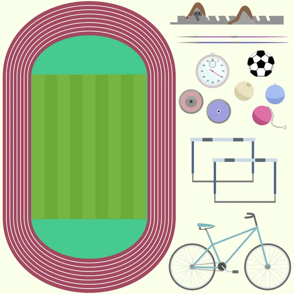 Vista dall'alto dello stadio, mobili sportivi, bicicletta, disco, lancia, pallone da calcio, cronometro, immagini piatte — Vettoriale Stock
