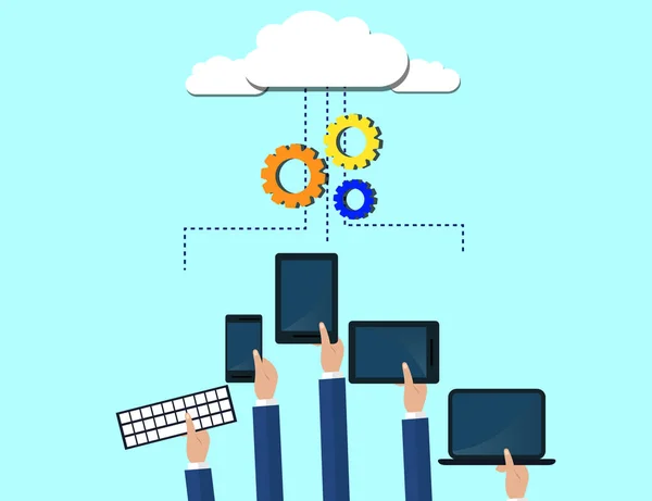 Servicios modernos en la nube y el concepto de elementos de computación en la nube. Dispositivos conectados a la nube con Gears. Ilustración plana . — Vector de stock