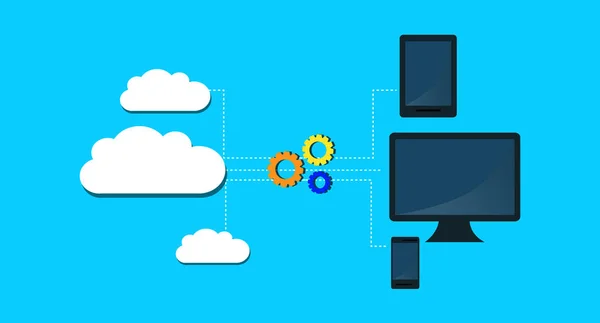 Moderne Cloud-Dienste und Cloud-Computing-Elemente Konzept. Geräte, die mit Zahnrädern mit der Cloud verbunden sind. flache Abbildung. — Stockvektor