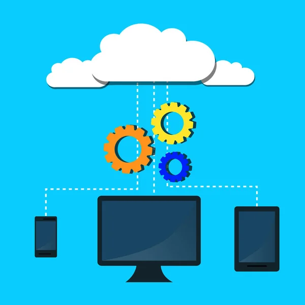 Services cloud modernes et Cloud Computing Elements Concept. Appareils connectés au cloud avec Gears. Illustration plate . — Image vectorielle