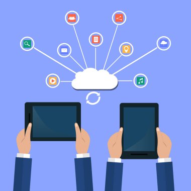 Modern bulut hizmetleri ve Cloud Computing öğeleri kavramı. Aygıtları bulut Gears ile bağlı. Düz illüstrasyon.