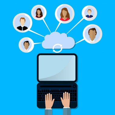 Modern bulut hizmetleri ve Cloud Computing öğeleri kavramı. Aygıtları bulut Gears ile bağlı. Düz illüstrasyon.