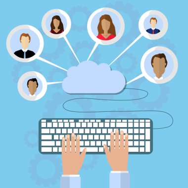 Modern bulut hizmetleri ve Cloud Computing öğeleri kavramı. Aygıtları bulut Gears ile bağlı. Düz illüstrasyon.