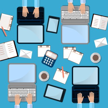 Dört adam iş laptop. Üstten Görünüm. İş süreci konsept dizüstü bilgisayar, akıllı telefon ve kahve fincan. Düz illüstrasyon