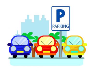 Kavramı kırmızı, yeşil ve mavi araba ile şehir silueti üzerinde düz stil otopark. Düz illüstrasyon