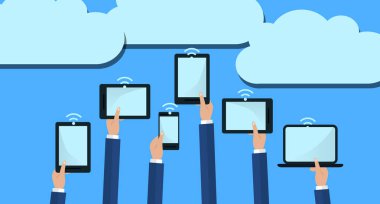 Bilgisayar aygıtları Holding eller Modern bulut Hizmetleri bağlanmak. Düz illüstrasyon.