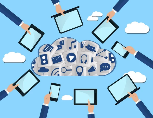 Los dispositivos informáticos que sostienen las manos se conectan a los servicios modernos en la nube. Ilustración plana . — Vector de stock