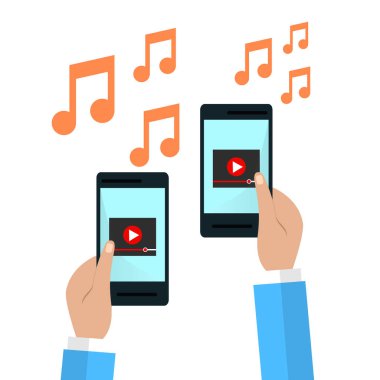 Smartphonewith video oynatıcı ekranında holding eller. düz illüstrasyon.