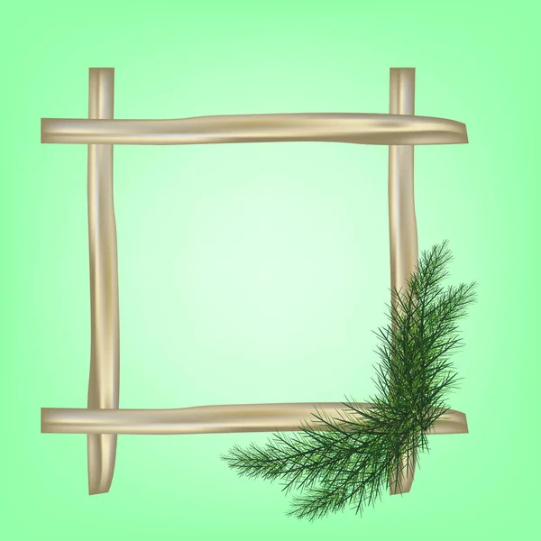 緑の背景で分離された松の木の枝で木製のフレーム。クリスマスのグリーティング カードに便利 — ストックベクタ