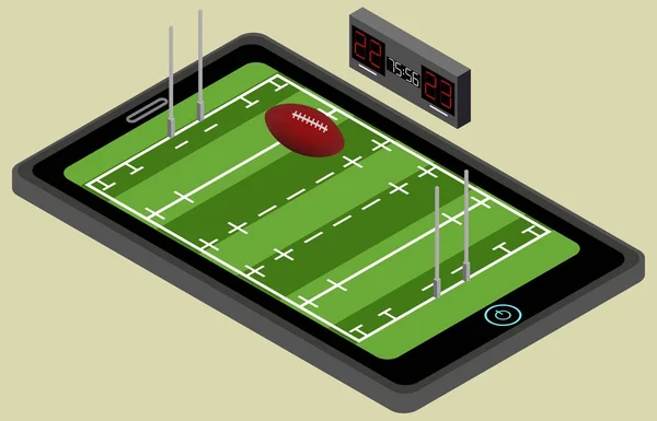 Infografika rugby hřiště, míč a tablet. Izometrické rugby obraz. Izolovaný. — Stockový vektor