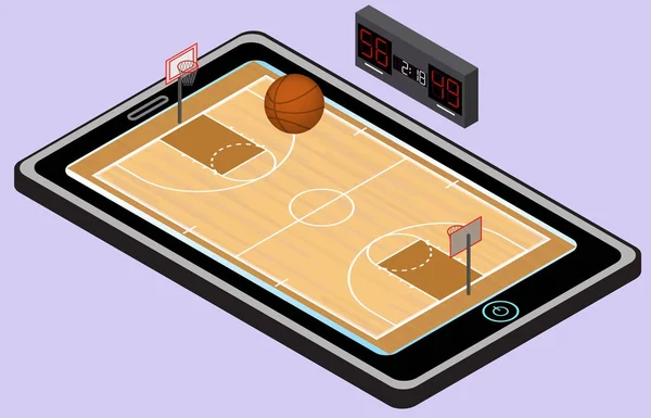 Playground de basquete infográfico, bola e tablet. Imagem isométrica de basquete. Isolados . — Vetor de Stock