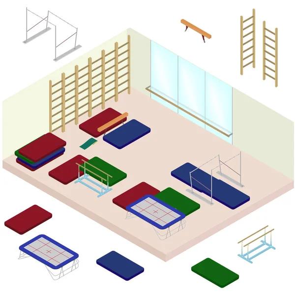 Sala di ginnastica isometrica rtistica con attrezzi. Set di elementi sportivi — Vettoriale Stock