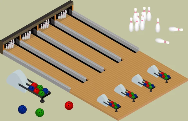 Centro de bowling isométrico. Bolas de boliche, skittles, pistas isoladas — Vetor de Stock