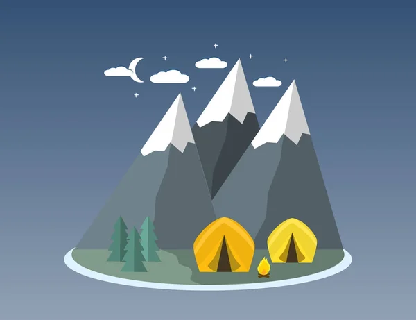 Camping en montagne. Concept de conception de randonnée et camping. illustration plate — Image vectorielle