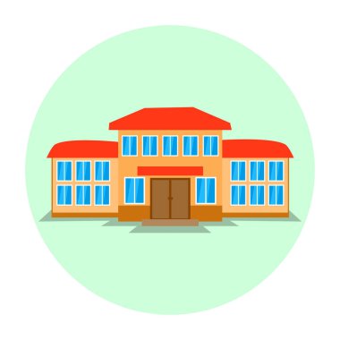 Okul binası Bel okulu başlık sayfası veya poster tasarımı için parlak düz simgesi.