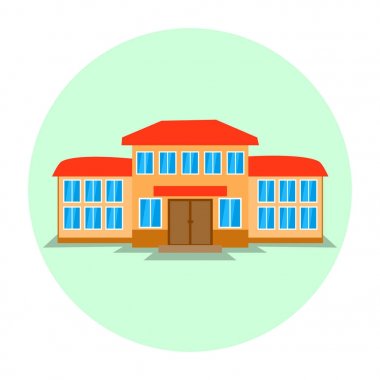 Okul binası Bel okulu başlık sayfası veya poster tasarımı için parlak düz simgesi.