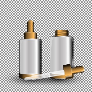 Kollajen Premium Serum beyaz kapsayıcılar şablon Damlalık, parlak şişe şeffaf arka plan ile. Mock-up 3d gerçekçi vektör çizim