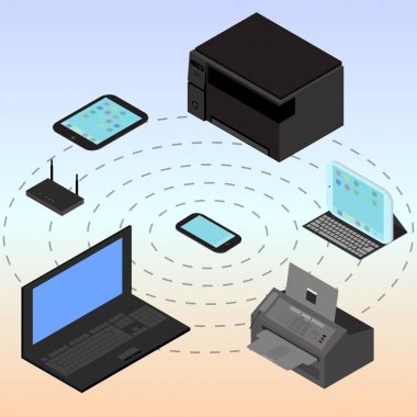 Infographic tüm cihazların bir smartphone ile bağlı. İzometrik cihazlar dizüstü bilgisayar, akıllı telefon, tablet, bilgisayar, modem, yönlendirici