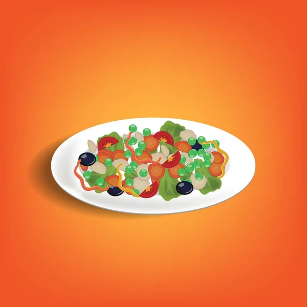 Εικονογράφηση φρέσκια σαλάτα με μαρούλι, ντομάτες και ελιές. Φρέσκα λαχανικά και πράσινα φύλλα σαλάτας πιάτο. — Διανυσματικό Αρχείο