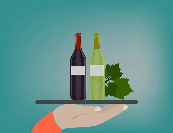 Main tient une tablette avec des bouteilles de vin et des raisins. Concepts pour carte de vin . — Image vectorielle
