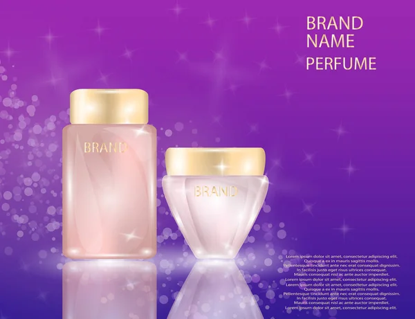 Rosto glamouroso Produtos de cuidados de beleza Embalagens e garrafa de perfume no fundo efeitos espumantes — Vetor de Stock