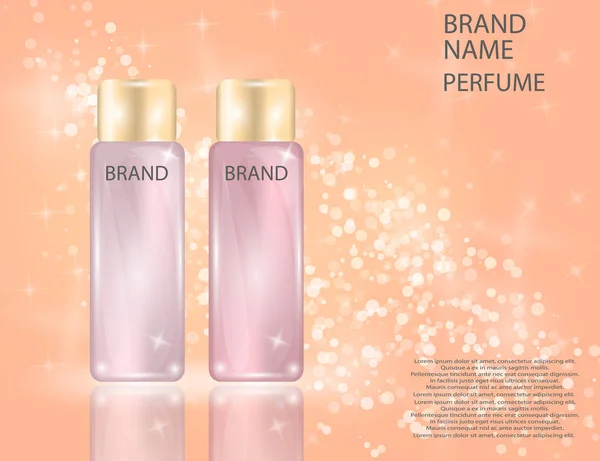 Glamorous perfume glass bottles on the sparkling effects background. — Stock Vector