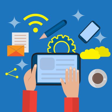 Yaratıcı içerik yazma, bloglama sonrası, dijital medya düz illüstrasyon