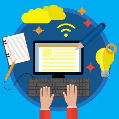 Yaratıcı içerik yazma, bloglama sonrası, dijital medya düz illüstrasyon