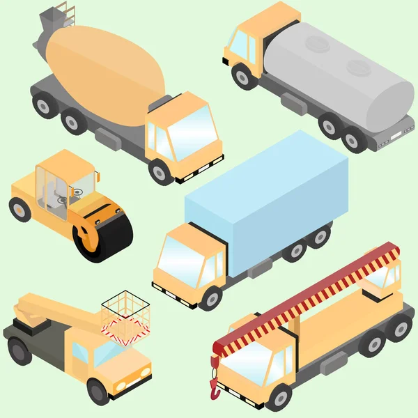 Ensemble de machines isométriques de construction de routes. Camions, rouleau de route, chargeur sur pneus, réservoir, machine d'ascenseur. Vue avant et arrière . — Image vectorielle