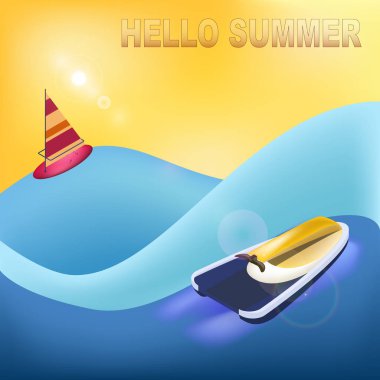 Merhaba, yaz. Plaj, deniz sporları ve eğlenceli. İzole öğeleri. Parlak arka plan.