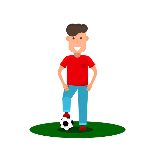 Kis labdarúgó. Egy fiatal férfi lesz focizni. Gyerek lapos stílusú focilabdával. — Stock Vector