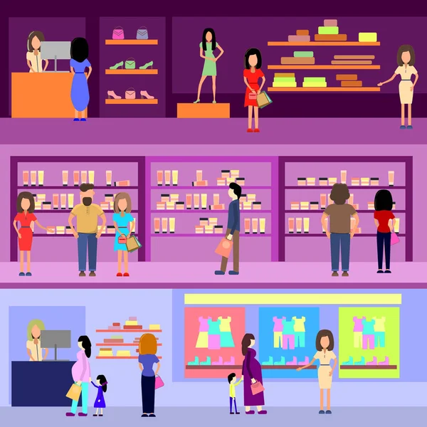 Pessoas comprando em um conceito de shopping. Elementos de design e banners. Ilustração de estilo plano . — Vetor de Stock