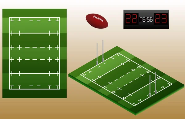 Izometrické rugby hřiště, míč a vysvědčení. Ragbyový stadion pohled shora. Izolovaný. — Stockový vektor