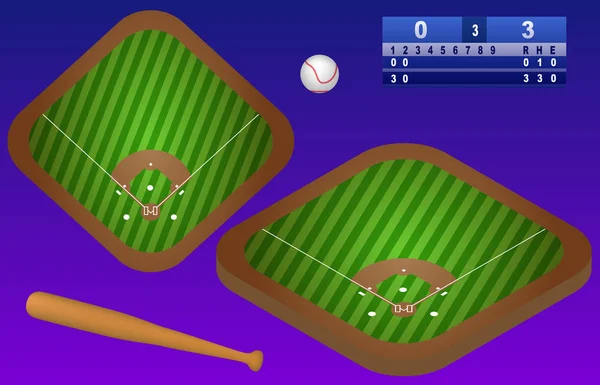 等尺性野球グランド、ボール、野球のバット、スコアボード。野球フィールド平面図です。分離されました。 — ストックベクタ