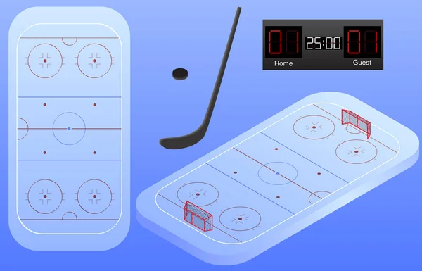Aire de jeux de hockey isométrique, balle et tableau d'affichage. Aire de jeux de hockey vue du dessus. Isolé . — Image vectorielle