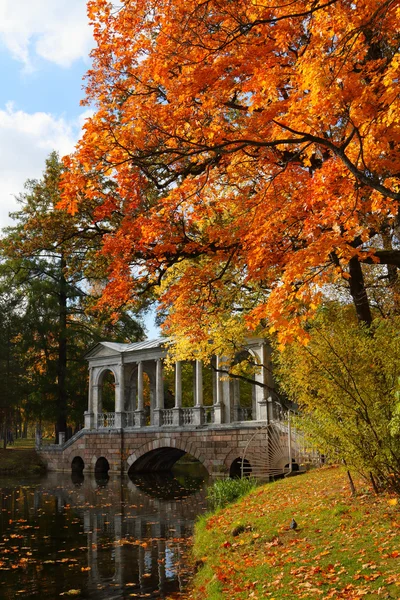 The ancient bridge in the autumn park