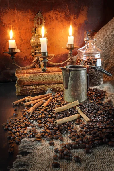 Coffee still life in a retro style by candlelight — Stock Photo, Image