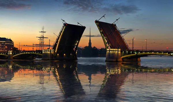Panorama com a ponte desenhada e a Fortaleza de Pedro e Paulo — Fotografia de Stock