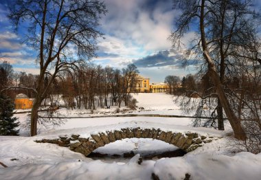 St. Petersburg'daki Pavlovsk Palace kış Panoraması