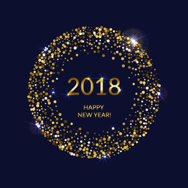 Altın sıçrama veya pırıltılı payetler kare yuvarlak. Mutlu yeni yıl 2018 - koyu mavi zemin üzerine altın disk ışıklar çerçeve. 