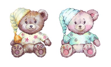 Oyuncak ayı pijama suluboya çizimde giyinmiş